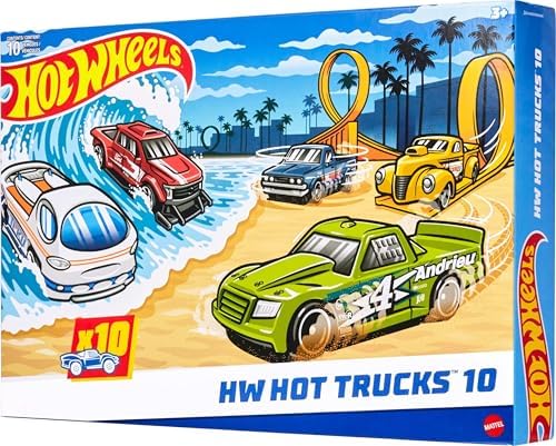 Hot Wheels Toy Trucks 10-Pack, Set of 10 Die-Cast 1:64 Scale Utility, Racing & Other Pickups or Vans, Modern & Retro Models (Styles May Vary)