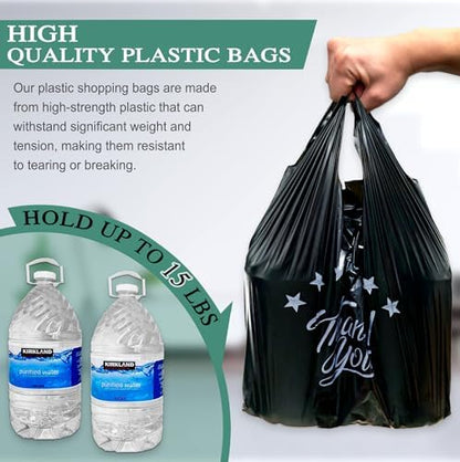 1000 Count Black “Thank You” T-Shirt Bags – Reusable & Disposable Grocery & Supermarket Carry Bags, 11"x6"x21"