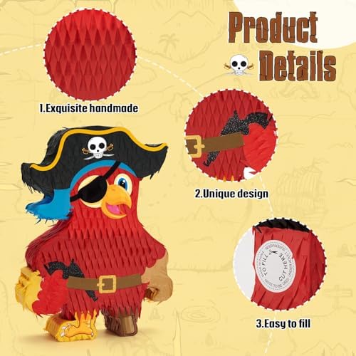 Wernnsai Pirate Piñata - Pirate Parrot Piñata with Blindfold and Bat for Boys' Birthday Party Adventure Theme Decorations
