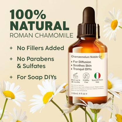 KUKKA Roman Chamomile Essential Oil for Tranquil Retreats and Peaceful Relaxation - Roman Chamomile Essential Oil 4 Oz - Soothing, Comforting and Calming - 100% Authentically Sourced Premium Oils