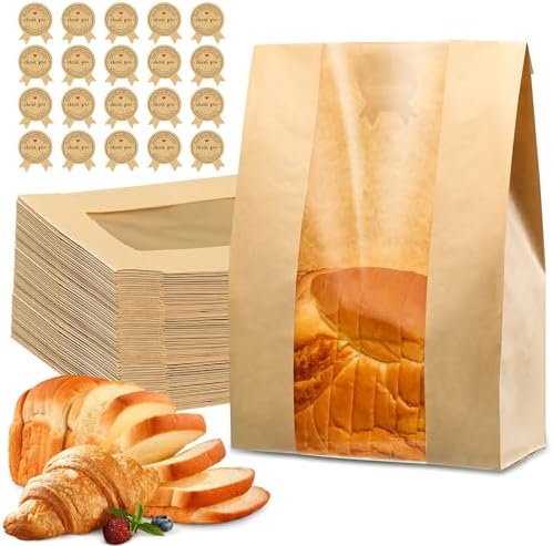 100 Pcs Bread Bags for Homemade Bread, Sourdough Paper Bags With Window, 50% Thicker 13.7x8.2x3.7in, A Large Bakery Bag Used for Storage Sourdough & Snacks, 110 Cute Sealing Stickers With Ties