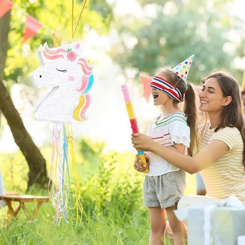 WERNNSAI Foldable Unicorn Piñata - Pull String Unicorn Birthday Party Supplies Extendable Unicorn with Blindfold Bat and Tassels Unicorn Birthday Party Decoration Games Folding Piñatas for Kids