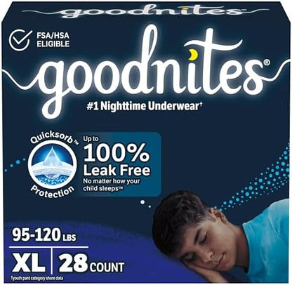 Goodnites Boys' Nighttime Bedwetting Underwear, Size Extra Large (95-120 lbs), 28 Ct (2 Packs of 14), Packaging May Vary