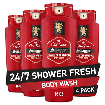 Old Spice Refreshing Body Wash for Men, 3X Defense, 24/7 Shower Fresh with Long Lasting Scent, Red Collection, Swagger with Cedarwood Scent, 16 oz (Pack of 4)