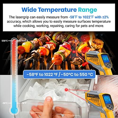 Etekcity Infrared Thermometer 1025D (Not for Human) Dual Laser Temperature Gun-58℉~1022℉ (-50℃~550℃) with Adjustable Emissivity, Non-Contact Voltage Tester (NCV), Standard Size, Yellow & Gray