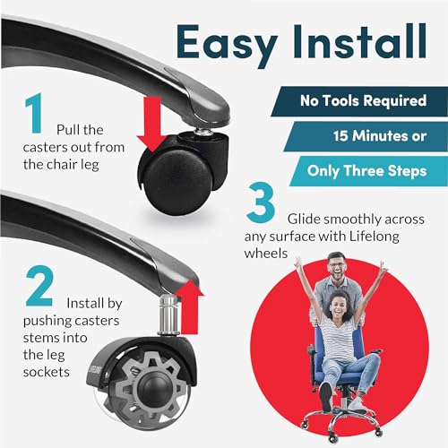 Lifelong Office Chair Wheels Replacement Rubber Chair Casters for Hardwood Floors and Carpet, Set of 5, Heavy Duty Casters for Chairs to Replace Office Chair Mats - 2 Inch Universal Fits 98%