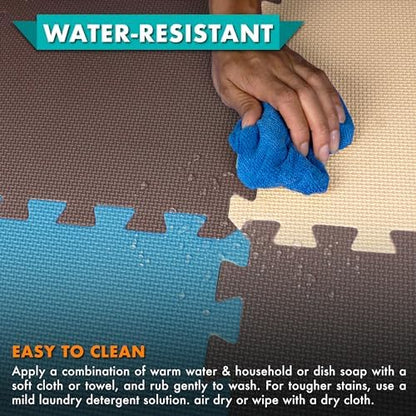 ProSource Foam Puzzle Floor Play Mat for Kids and Babies with Solid Colors, 36 or 16 Interlocking Tiles with Borders, Blue/Brown/Beige