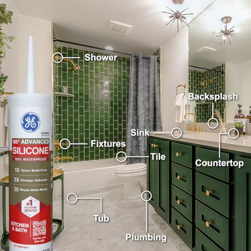 GE Advanced Silicone Caulk for Kitchen & Bathroom, Clear, 10 fl oz Cartridge, 12 Pack - 100% Waterproof Silicone Sealant, 5X Stronger Adhesion, Shrink & Crack Proof