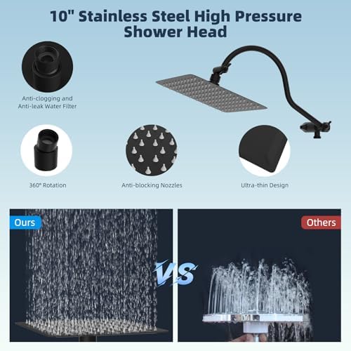 Hibbent All Metal High Pressure Rainfall 10 Inch Shower Head/Handheld Showerhead Combo/ 12 Inch Adjustable Curved Shower Extension Arm, 10-Spray, 71-inch Hose, Adhesive Showerhead Holder, Matte Black