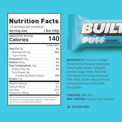 Built Bar, Puff Protein Bars, Coconut Puff, 17g Protein Snacks, On-The-Go Bars, Only 140 Calories, 6g Sugar, Collagen, Gluten Free, 12 Count