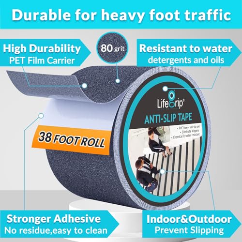 Lifegrip Anti Slip Traction Tape, 4 Inch x 38 Foot - Best Grip, Friction, Abrasive Adhesive for Stairs, Tread Step, Indoor, Outdoor, Grey (4" X 38')