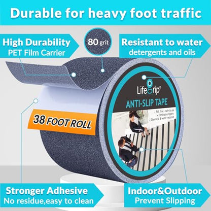Lifegrip Anti Slip Traction Tape, 4 Inch x 38 Foot - Best Grip, Friction, Abrasive Adhesive for Stairs, Tread Step, Indoor, Outdoor, Grey (4" X 38')