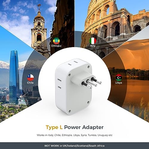 Italy Travel Plug Adapter 2 Pack, TESSAN Italy Power Adaptor with 4 Outlets 3 USB Charger (1 USB C Port), Type L Adapter for US to Chile Ethiopia Libya Syria Tunisia Uruguay
