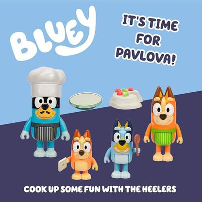 Bluey 4-Pack Toy Figure Playset, Let’s Play Chef Pavlova Toddler Figurine Toys Set with Chef Accessories, Poseable Figurines for Kids Ages 3-5