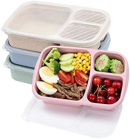 4 Pack Bento Lunch Box Set 3 Compartment Food Storage Containers Wheat Straw Meal Prep Lunch Box Plastic Food Storage Containers, Microwave and Dishwasher Safe (light colour)