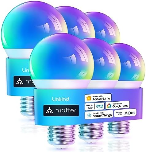 Linkind Matter Smart Light Bulb, WiFi Smart Bulbs, Work with Apple Home, Siri, Alexa, Google, SmartThings, RGTBW Color Changing Bulbs Mood Lighting, Music Sync, A19 E26 60W, 2.4Ghz WiFi 6 Pack