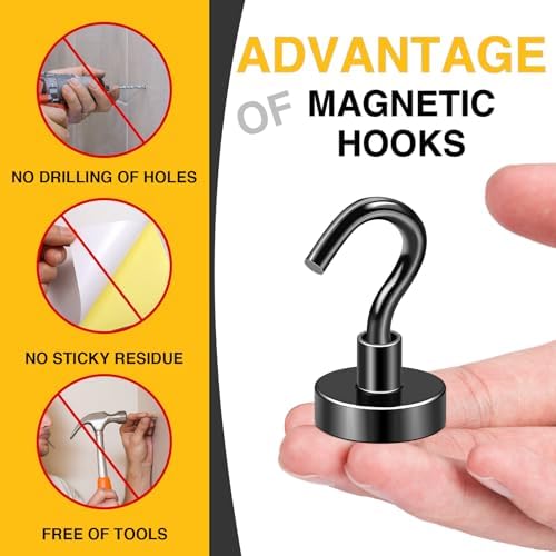 DIYMAG Black Magnetic Hooks, 50 LB Heavy Duty Magnet with Hooks, 20 Packs Strong Rare Earth Neodymium Magnet Hooks for Hanging, Magnetic Hanger for Curtain, Home, Kitchen, Workplace