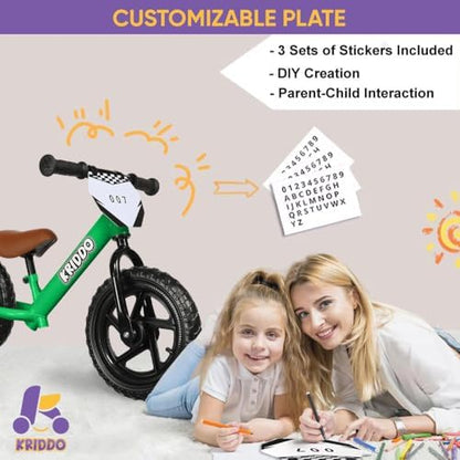 KRIDDO Toddler Balance Bike 2 Year Old, Age 18 Months to 5 Years Old, 12 Inch Push Bicycle with Customize Plate (3 Sets of Stickers Included), Gift Bike for 2-3 Boys Girls, Green