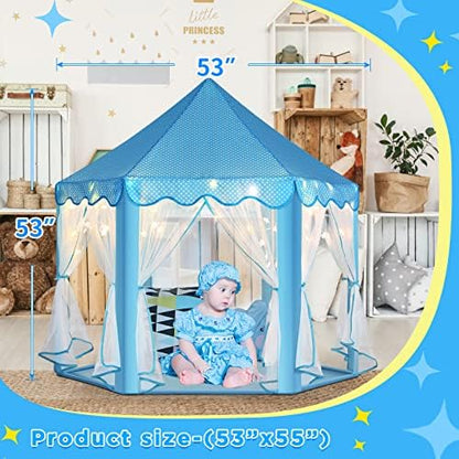 Monobeach Princess Tent Girls Large Playhouse Kids Castle Play Tent with Star Lights Toy for Children Indoor and Outdoor Games, 55'' x 53'' (DxH) (Blue Prinecss Tent with Little Star Lights)