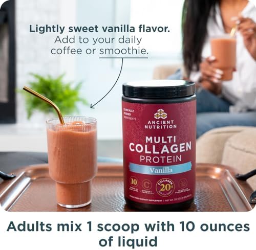 Ancient Nutrition Collagen Peptides Powder, Multi Collagen Protein, Women & Men, Vitamin C, Probiotics, Hydrolyzed Collagen, Supports Skin, Joints, Gut Health, Vanilla, 60 Servings