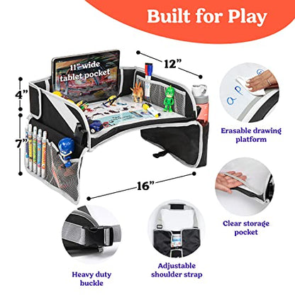 PILLANI Kids Travel Tray for Car - Car Seat Tray for Kids Travel, Road Trip Essentials - Carseat Table for Roadtrip Activities - Must Have Toddler Lap Desk Organizer for Airplane - Car Accessories