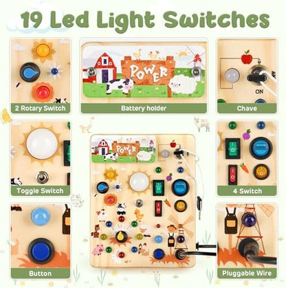 Joyreal Montessori Busy Board Wooden Sensory Toys for Toddler with LED Light Up Switch, Baby Fidget Board Travel Toys for 18+ Months, 1 2 3 Year Old Boys Girls Toddler Toy Gifts (Farm)