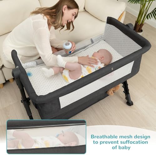 Baby Bassinet, Bedside Bassinet for Baby, 3 in 1 Bassinet Bedside Sleeper with Wheels, Mosquito Net, Adjustable Easy Folding Portable Bed for Infant Newborn (Dark Grey)