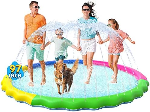 VISTOP Non-Slip Splash Pad for Kids and Dog, Thicken Sprinkler Pool Summer Outdoor Water Toys - Fun Backyard Fountain Play Mat for Baby Girls Boys Children or Pet Dog (97 inch, Red&Yellow&Green&Blue)