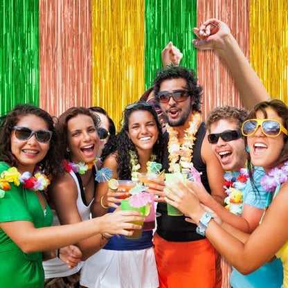 4 Pack Hawaiian Party Decorations, 3.28 FT x 7.05 FT Hawaii Tinsel Backdrop, Green Brown Yellow Foil Curtains Fringe Backdrop Party Streamer, Metallic Summer Decor Luau Party Decorations