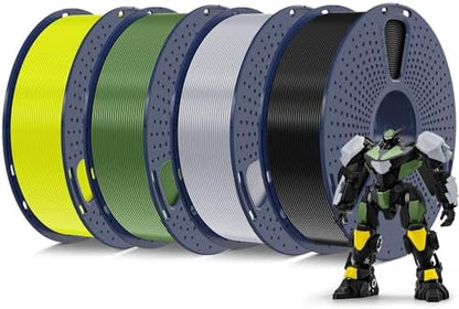 SUNLU PETG Filament 1.75mm 4KG Bundle, Less Stringing and Good Layer Adhesion, Individually Vacuum Packed, 3D Printer Filament 4kg, 1kg per Spool, Pack of 4, 4 Colors, Black+Olive Green+Silver+Yellow