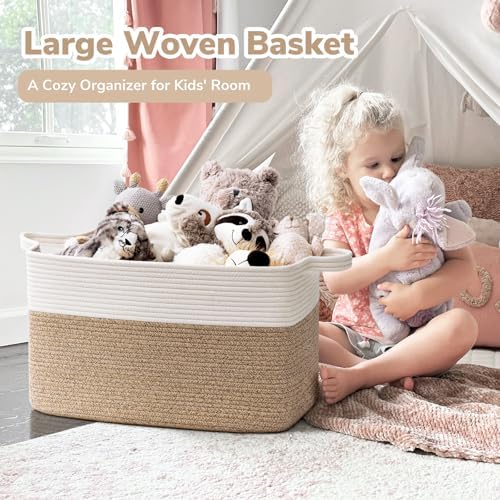 Goodpick Large Woven Blanket Basket, 21.6" x 14.9" x 11.8" Storage Baskets for Organizing, Rectangle Cotton Rope Toy Basket for Living Room, Bedroom, White & Brown