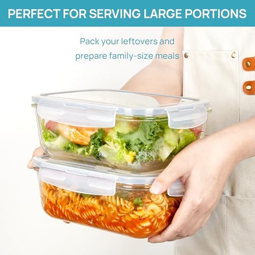Vtopmart 2Pack 1860ml/ 63oz Large Glass Storage Containers with Lids, Meal Prep Food Container Set with Snap Airtight Lid for Baking, Microwave, Oven, Leak Proof, for Freezer, Dishwasher, Grey