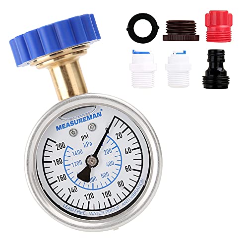 MEASUREMAN 2-1/2" Water Pressure Gauge Kit 6 Parts Kit, Lead-Free Brass, 2-1/2" dial, 0-200 Psi，Glycerin Filled,3/4" Hose Thread, Plus 5 Adapters