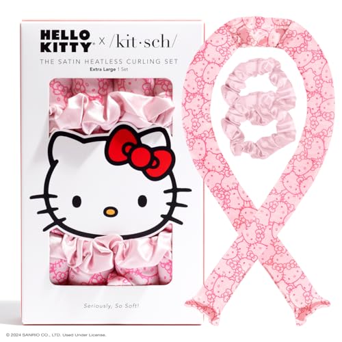 Hello Kitty x Kitsch Satin Heatless Hair Curler Set - Heatless Curls Overnight, Hair Rollers for Soft Curls & Frizz-Free Styling, No Heat Curlers To Sleep in, Curling Rod Headband - Pink Kitty Faces