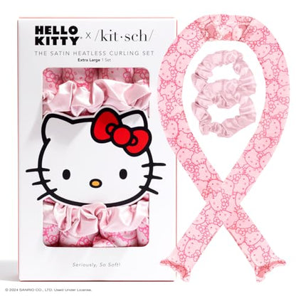 Hello Kitty x Kitsch Satin Heatless Hair Curler Set - Heatless Curls Overnight, Hair Rollers for Soft Curls & Frizz-Free Styling, No Heat Curlers To Sleep in, Curling Rod Headband - Pink Kitty Faces