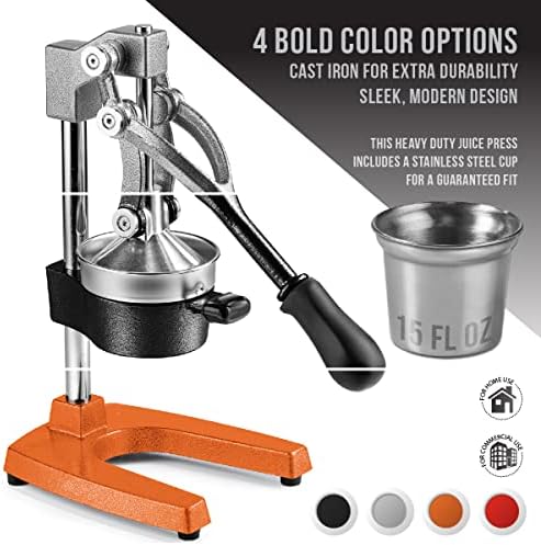Eurolux Cast Iron Citrus Juicer | Extra-Large Commercial Grade Manual Hand Press | Heavy Duty Countertop Squeezer for Fresh Orange Juice (Bonus Stainless Steel Cup) (Red)