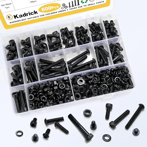 Kadrick Metric Screws Assortment,600 Pcs M6 Screws Nuts Washers Assortment M6x8MM-40MM, Hex Socket Button & Cap Head M6 Machine Bolts Kit, 12.9 & 10.9 Grade Alloy Steel Black