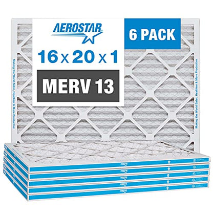 Aerostar 16x20x1 MERV 13 - 6 Count - Pleated HVAC, Furnace & Air Conditioner Filters - Removes Bacteria, Dust, Cold & Flu Germs, Lint, Mold, Pet Dander, Allergy-Causing Pollen, Smog, Smoke & Viruses