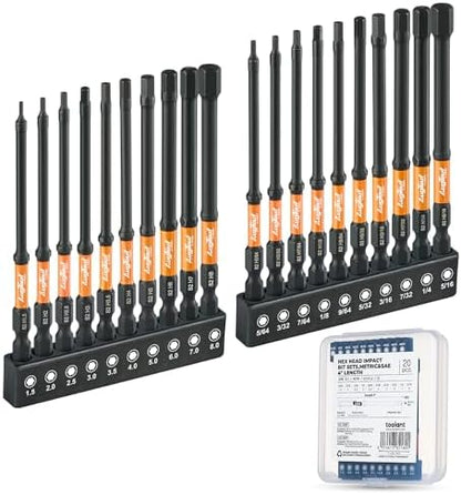 Toolant Impact Allen Wrench Drill Bit Set 20pcs (Metric & SAE), 1/4" Hex-Shank S2 Steel Hex Bits, CNC Machined Tips with Magnetism, 4" Long with Storage Box