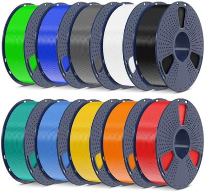 SUNLU 3D Printer Filament Bundle, PLA Plus Filament 10KG 1.75mm, Neatly Wound Filament for Most 3D Printer, 10 Colors, 1kg Spool, Black+White+Grey+Green+Blue+Grassgreen+Bluegrey+Pureyellow+Red+Orange