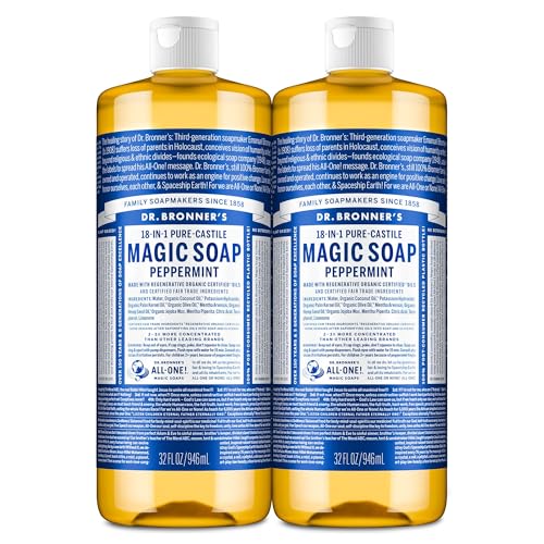 Dr. Bronner's Pure-Castile Magic Liquid Soap- Made with Regenerative Organic Oils- For Body, Face, Hair, Dishes, Pets, Laundry Natural, Vegan, Non-GMO - Peppermint, 32 oz (2-Pack)