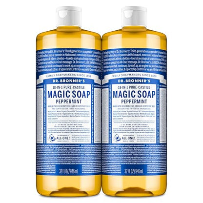 Dr. Bronner's Pure-Castile Magic Liquid Soap- Made with Regenerative Organic Oils- For Body, Face, Hair, Dishes, Pets, Laundry Natural, Vegan, Non-GMO - Peppermint, 32 oz (2-Pack)