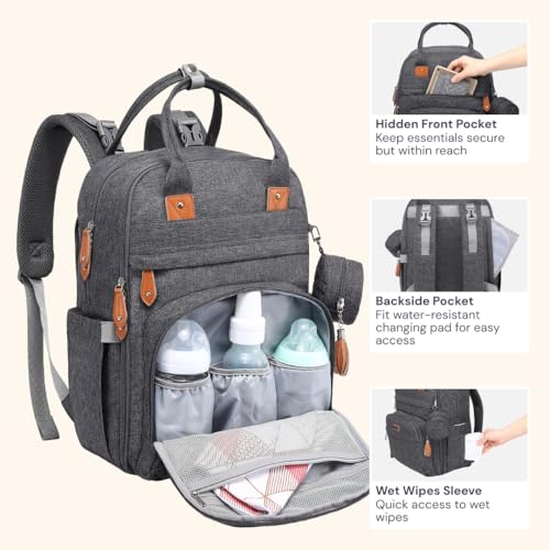 BabbleRoo Diaper Bag Backpack - Baby Essentials Travel Tote - Multi Function Waterproof Diaper Bag, Travel Essentials Baby Bag with Changing Pad, Stroller Straps & Pacifier Case - Unisex, Dark Gray