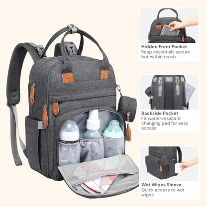 BabbleRoo Diaper Bag Backpack - Baby Essentials Travel Tote - Multi Function Waterproof Diaper Bag, Travel Essentials Baby Bag with Changing Pad, Stroller Straps & Pacifier Case - Unisex, Dark Gray