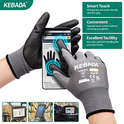 Kebada W1 Work Gloves for Men and Women, PU Coated Safety Gloves with Grip, Touchscreen, Ideal for Warehouse Package Handling, Construction, Gardening, 12 Pairs Gray Large