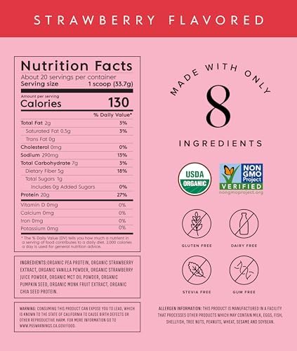 Truvani Vegan Pea Protein Powder | Strawberry | 20g Organic Plant Based Protein | 20 Servings | Keto | Gluten & Dairy Free | Low Carb | No Added Sugar
