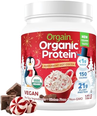 Orgain Organic Vegan Protein Powder, Peppermint Hot Cocoa Holiday Flavor - 21g of Plant Protein, 5g Prebiotic Fiber, No Lactose Ingredients, No Added Sugar, Non-GMO, For Shakes & Smoothies, 1.02 lb