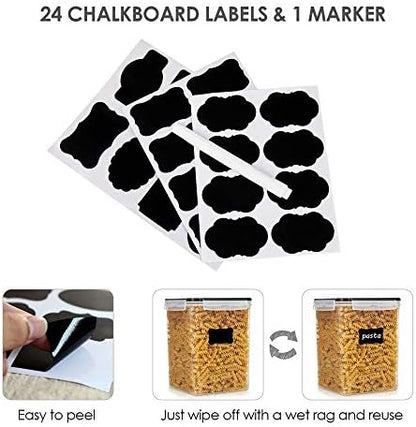 Vtopmart 4 PCS Large Food Storage Containers 5.2L / 175oz, 4 Pieces BPA Free Plastic Airtight Canisters for Flour, Sugar, Baking Supplies, Rice with Lids, 4 Measuring Cups and 24 Labels, Black