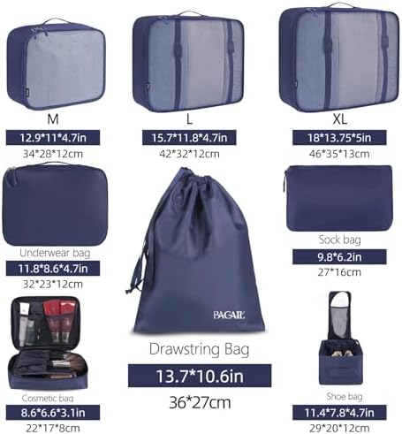 BAGAIL 8 Set Packing Cubes Luggage Packing Organizers for Travel Accessories-Indigo