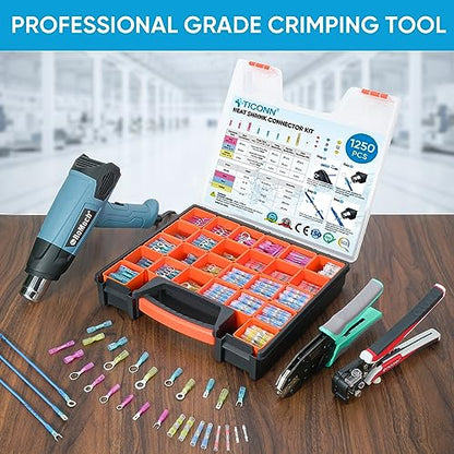 TICONN 1250Pcs Heat Shrink Wire Connectors, Waterproof Automotive Marine Electrical Terminals Kit, Crimp Connector Assortment, Ring Fork Spade Butt Splices